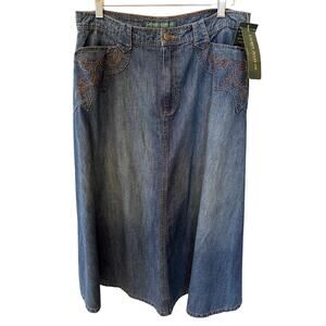 Ralph Lauren Jeans Co Long Denim Jean Skirt Embroidered Western Size 12 NWT Boho